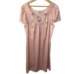 Vintage Vanity Fair Nylon Embroidered Floral Lace Nightgown Women L Pink USA